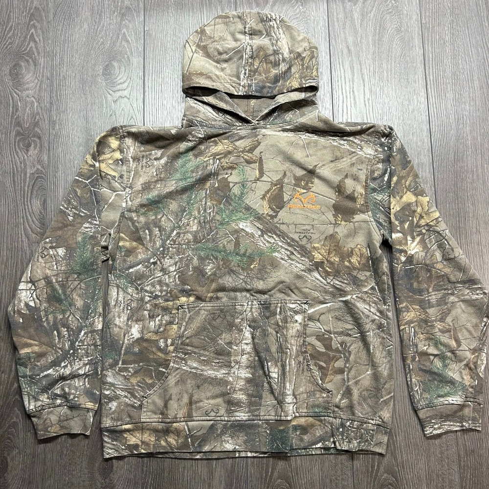 Realtree Xtra Camo Hoodie Mens Medium Brown Orange Logo Y2K Pullover PH2143
